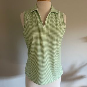 Lime Green White Striped Waffled Collared Sleeveless Golf Polo
